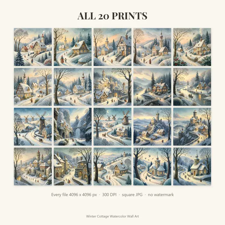 Grid of 20 square snowy village prints under the heading All 20 Prints, above a line reading 4096 x 4096 px and 300 DPI