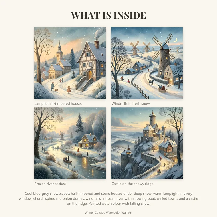 Four square winter prints showing lamplit half-timbered houses, windmills in fresh snow, a frozen river at dusk and a castle on a snowy ridge