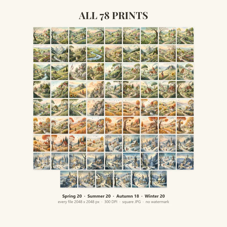 Grid of 78 small square landscape prints moving from green spring to orange autumn and snowy winter, labeled Spring 20, Summer 20, Autumn 18, Winter 20