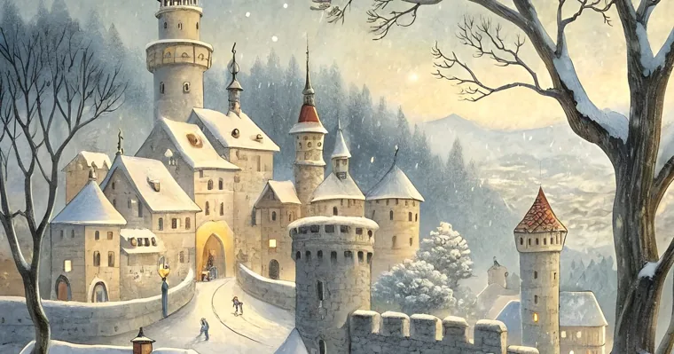 A snowy castle with round stone towers, a lit gateway and bare trees under falling snow, in a soft watercolor style