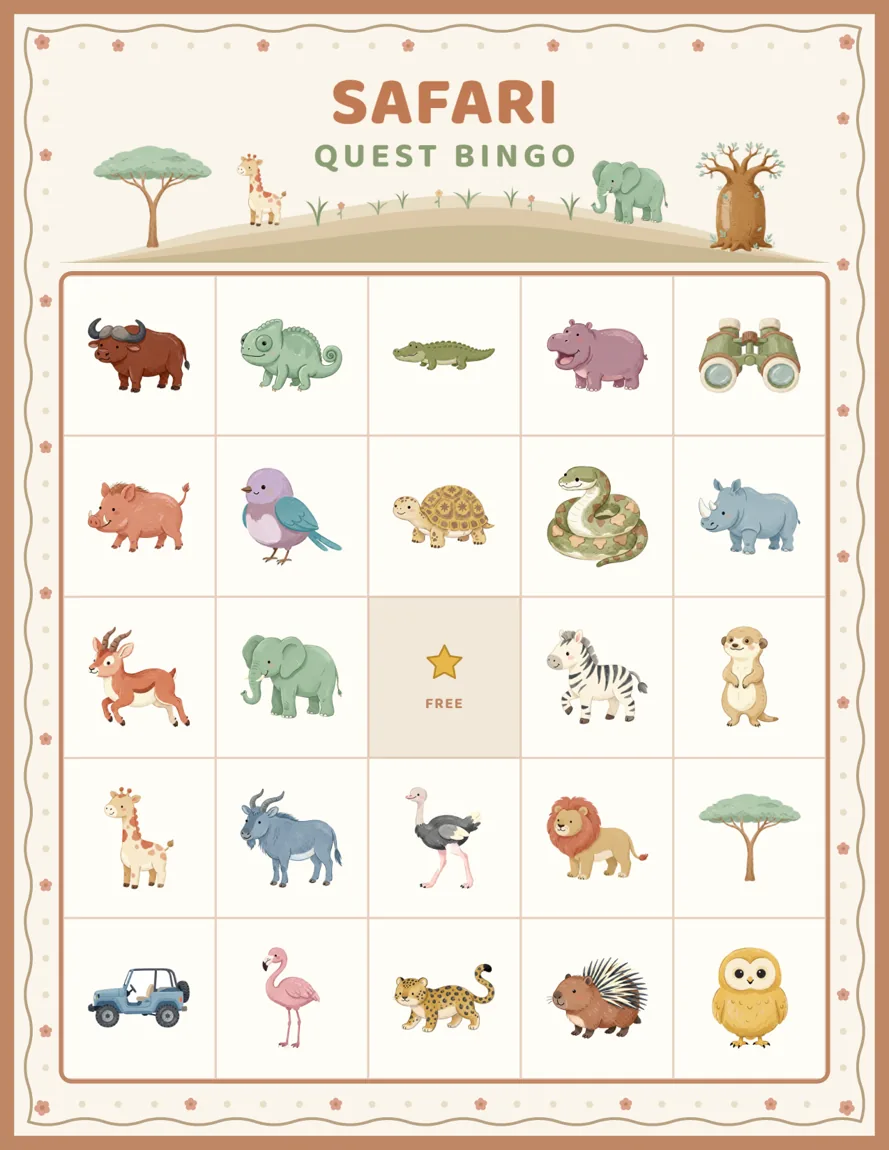 A picture-only Safari Quest Bingo card, five by five, with drawings of a buffalo, chameleon, crocodile, hippo, binoculars and other safari pictures and no names, around a FREE star in the center