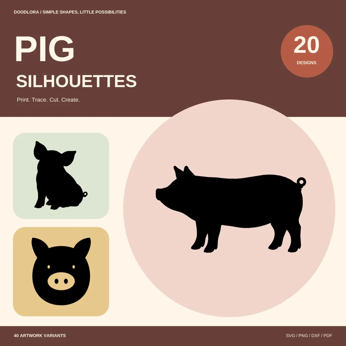A large black farm pig silhouette in a pink circle, beside a sitting piglet and a round pig face with eyes and a snout