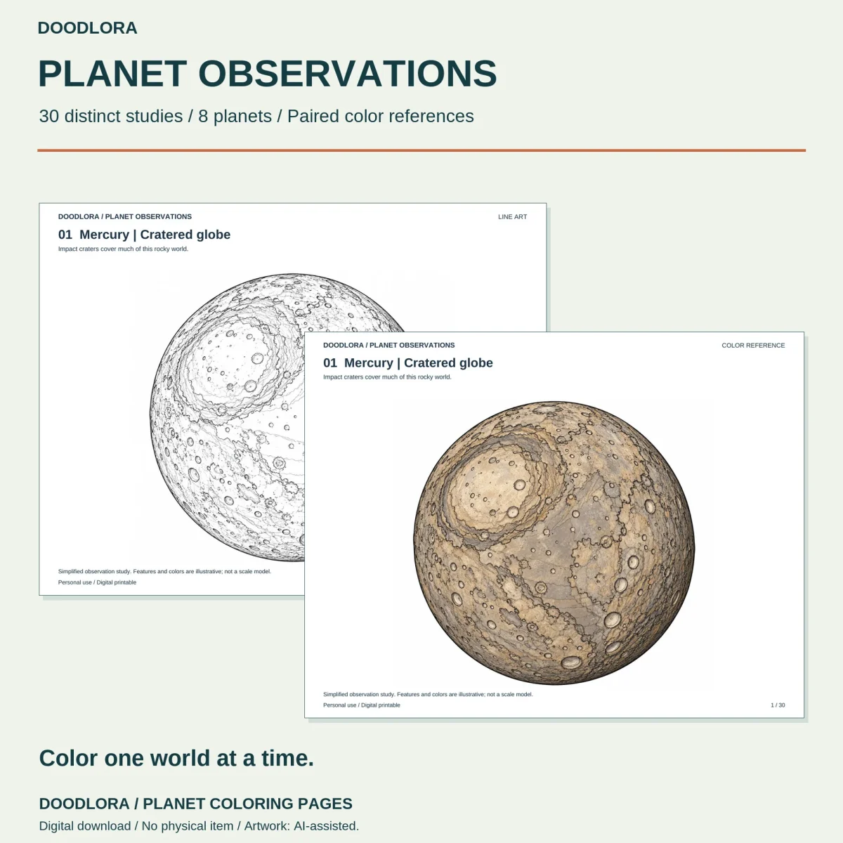 Page 01, Mercury cratered globe, as a black outline drawing with its tan and brown color reference laid over it
