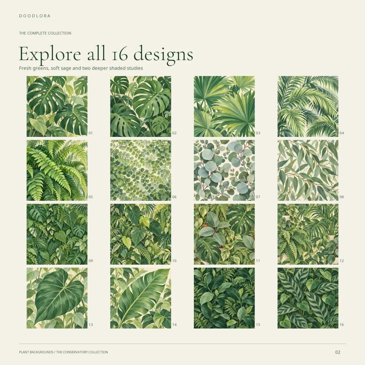 All 16 plant backgrounds in a numbered grid, from monstera and palm leaves to eucalyptus, potted houseplants and dark striped leaves