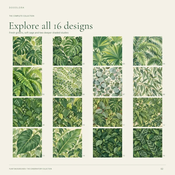 All 16 plant backgrounds in a numbered grid, from monstera and palm leaves to eucalyptus, potted houseplants and dark striped leaves