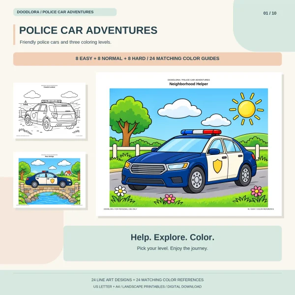 Police Car Adventures cover with a navy and white patrol sedan on a country road, a coastal SUV outline and a car crossing a stone bridge