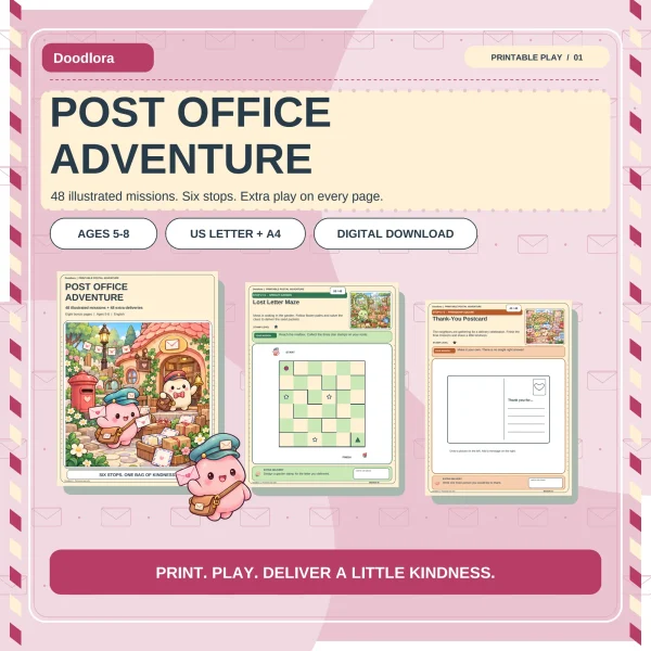 Post Office Adventure cover with a pink mail carrier and parcels outside a post office, beside the Lost Letter Maze and Thank-You Postcard pages