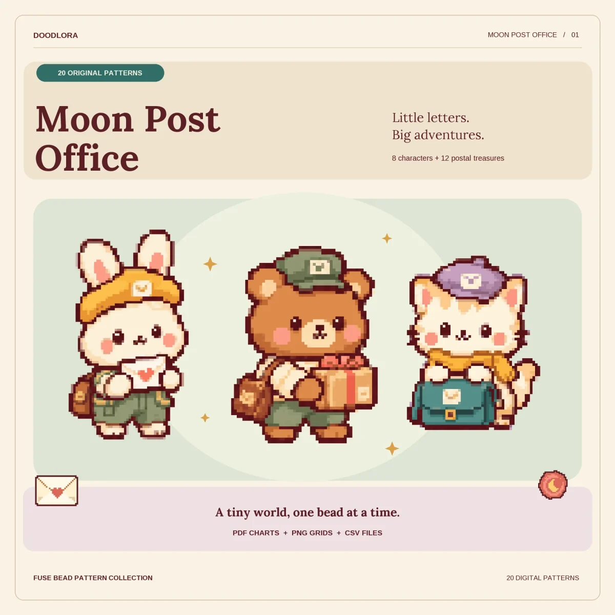 A bunny in a yellow beret holding a heart letter, a bear carrying a parcel with a pink bow, and a kitten in a lilac beret with a teal mailbag