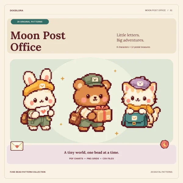 A bunny in a yellow beret holding a heart letter, a bear carrying a parcel with a pink bow, and a kitten in a lilac beret with a teal mailbag