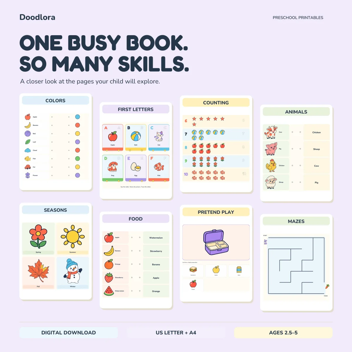 Eight sample pages including color matching, alphabet cards for A to F, counting 6 to 10, farm animal names, seasons, food names, a lunchbox to fill and a maze