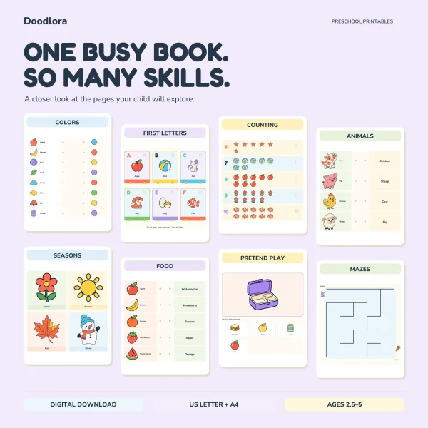Eight sample pages including color matching, alphabet cards for A to F, counting 6 to 10, farm animal names, seasons, food names, a lunchbox to fill and a maze