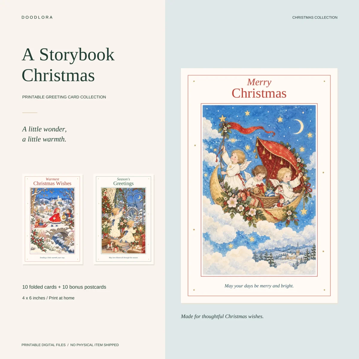 A Merry Christmas card showing three angel children in a crescent moon boat among clouds, with two smaller cards beside it