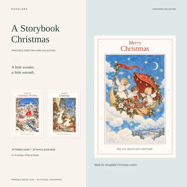 A Merry Christmas card showing three angel children in a crescent moon boat among clouds, with two smaller cards beside it