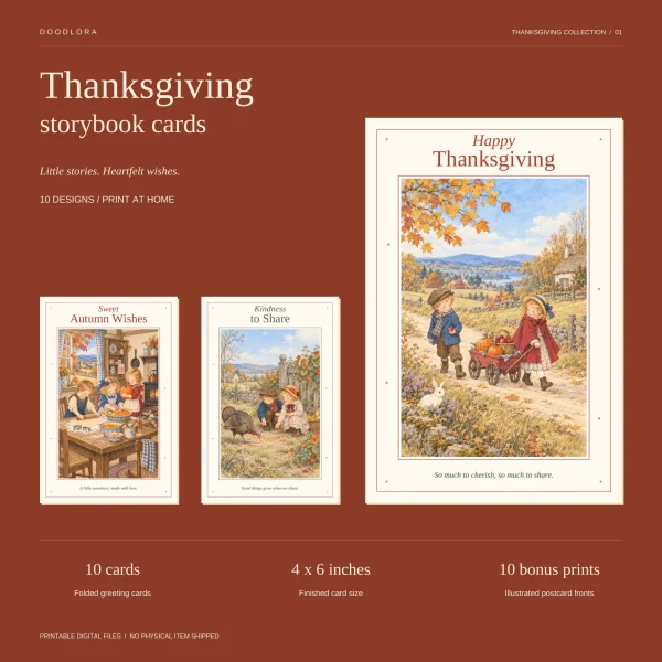 A Happy Thanksgiving card with a boy and a girl in a red cape pulling a wagon of pumpkins down a country lane, beside the Sweet Autumn Wishes and Kindness to Share cards