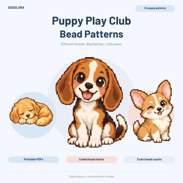 A smiling beagle puppy sitting between a sleeping golden puppy and a winking corgi