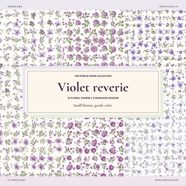 Six purple floral papers behind a cream card reading 16 floral papers, 4 seamless designs, with lavender, lilac roses, violets and bellflowers on pale grounds