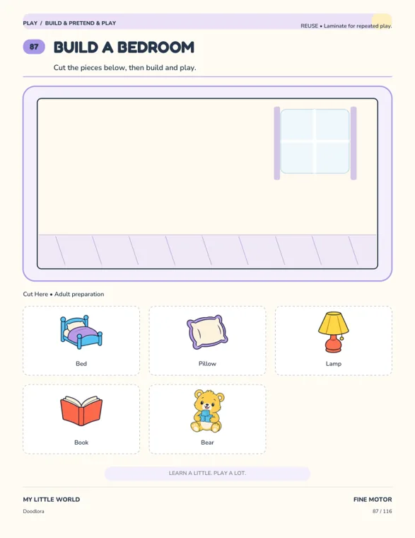 The Build a Bedroom page, an empty room with a window above five cut-out cards for a bed, pillow, lamp, book and teddy bear