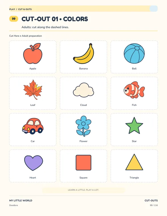 The Cut-Out 01 Colors sheet with twelve cards in dashed boxes, an apple, banana, ball, leaf, cloud, fish, car, flower, star, heart, square and triangle