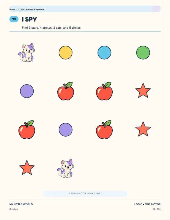The I Spy page asking a child to find 3 stars, 4 apples, 2 cats and 5 circles in a grid of colored pictures