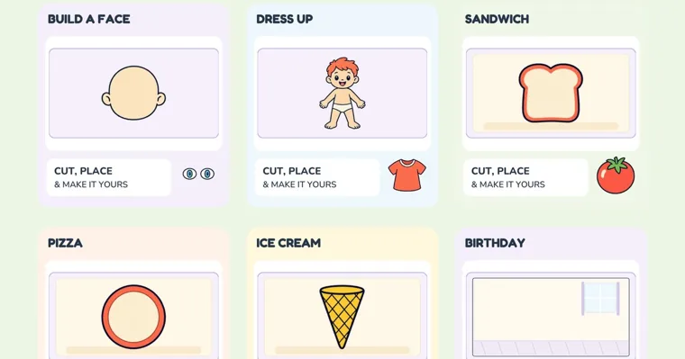 Six build-and-play mats from a preschool activity book, a blank face, a child to dress, a slice of bread, a pizza base, an ice cream cone and an empty room for a birthday party