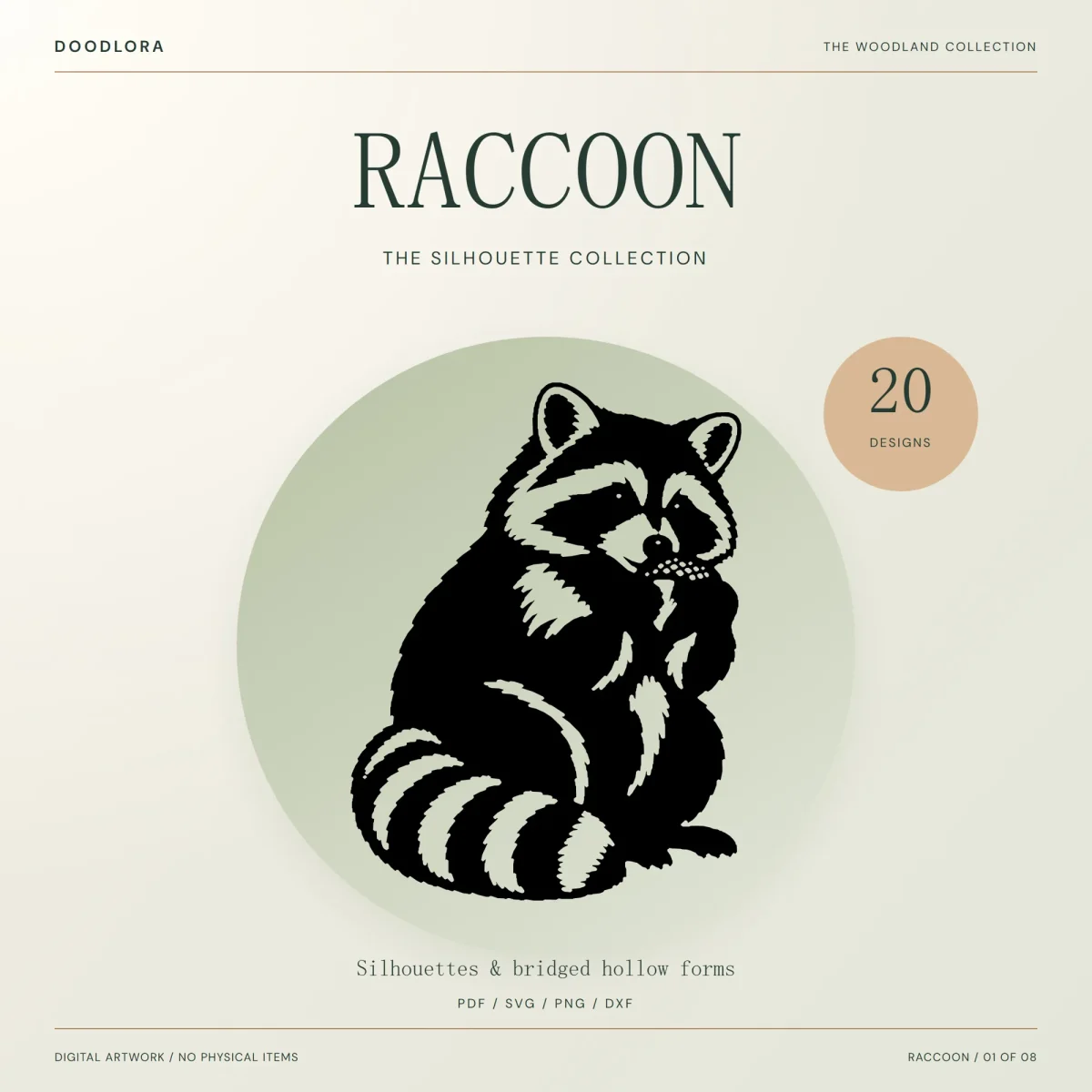 A black raccoon silhouette sitting with its ringed tail curled in front and an acorn held to its mouth, on a pale green circle under the word Raccoon