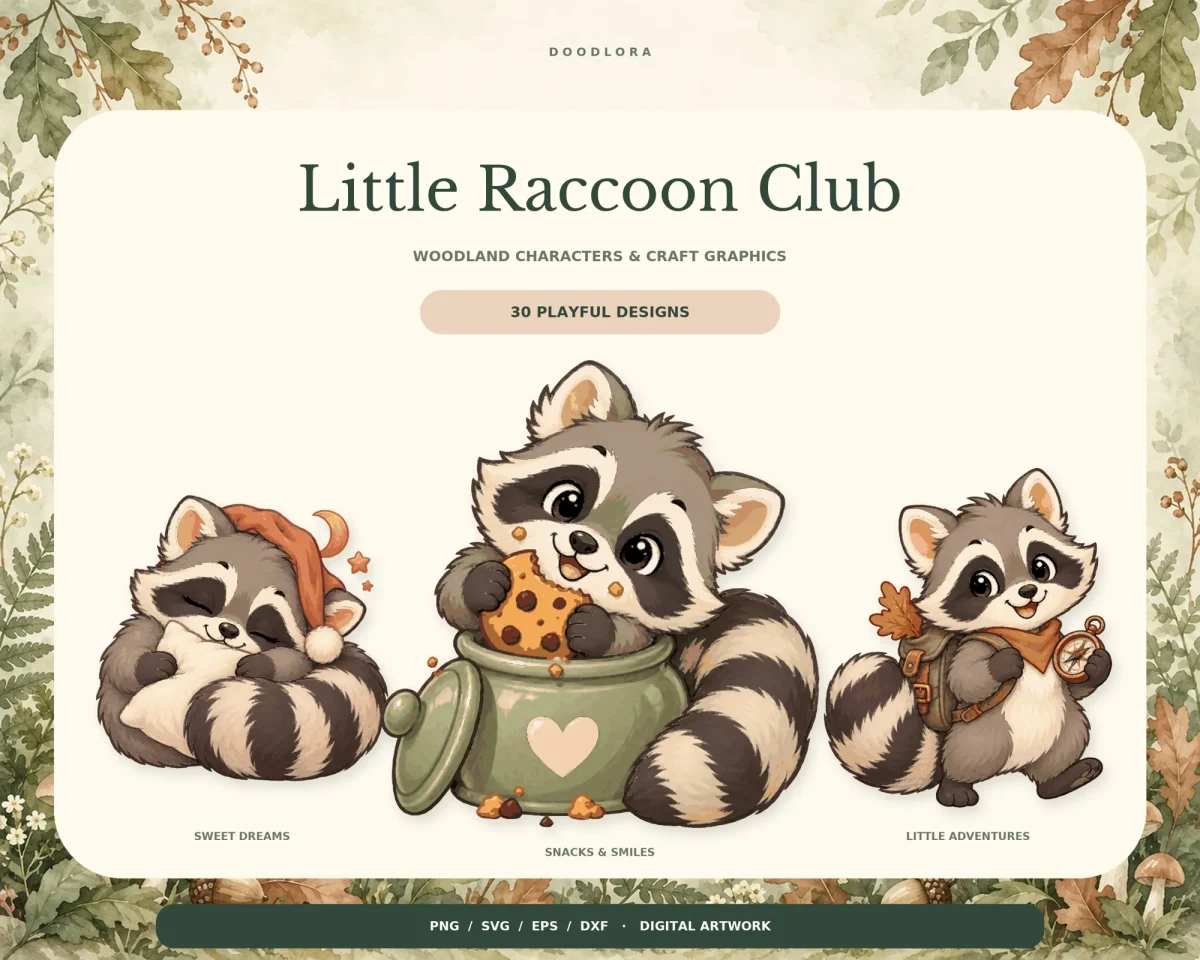 Three cartoon raccoons - one asleep in a red nightcap, one eating a cookie from a green heart jar and one walking with a backpack and compass