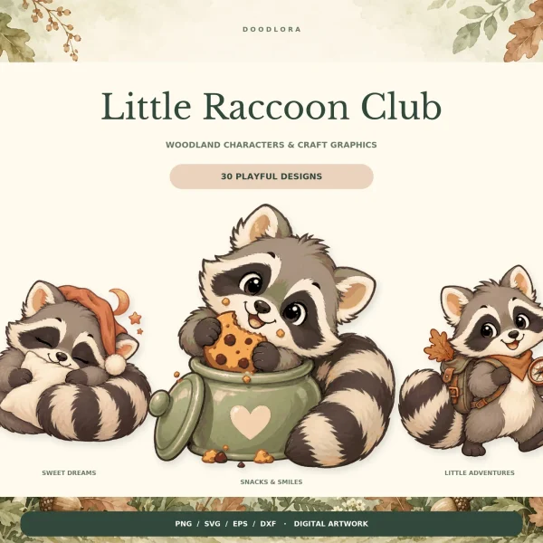 Three cartoon raccoons - one asleep in a red nightcap, one eating a cookie from a green heart jar and one walking with a backpack and compass