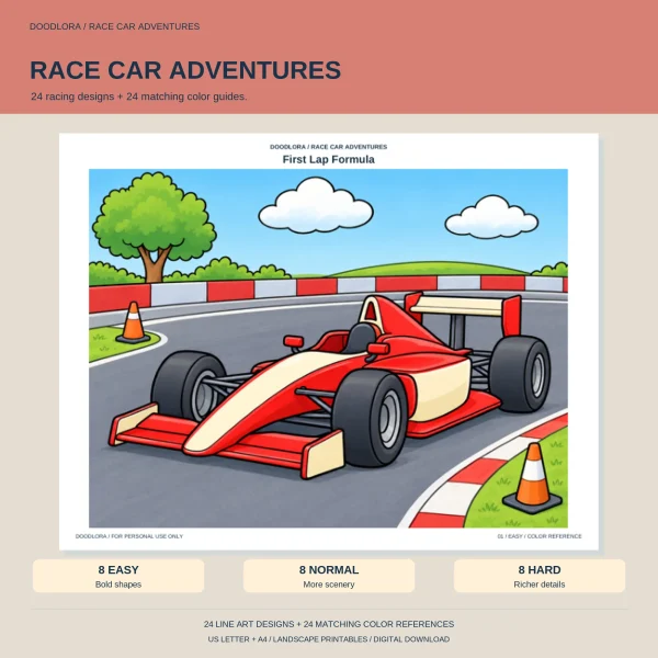 Race Car Adventures cover with a red and cream formula car rounding a curb past orange cones, above Easy, Normal and Hard labels