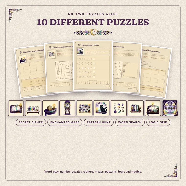 Five puzzle pages from the Moon Crystal escape room, a rune cipher, a forest maze, a pattern row, a word search and a logic grid, above ten small puzzle icons