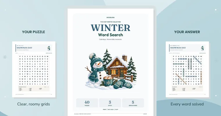 A Winter Word Search cover with a snowman, a snowy log cabin and a mug of cocoa, between the Snowman Day puzzle and its solved answer key