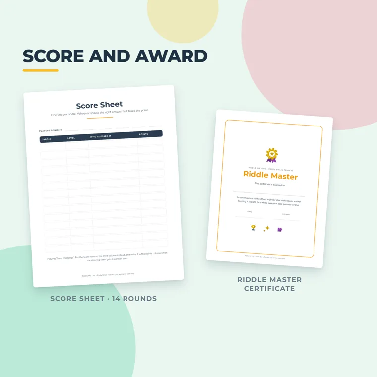 A Score Sheet with columns for card number, level, who guessed it and points, next to a Riddle Master certificate with a gold medal