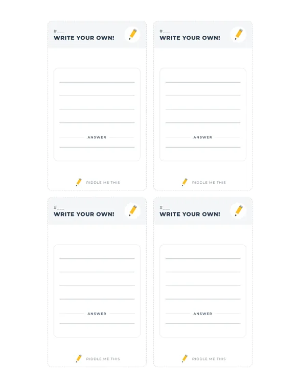 A page of four blank Write Your Own riddle cards, each with a number blank, ruled lines and an Answer line near the bottom