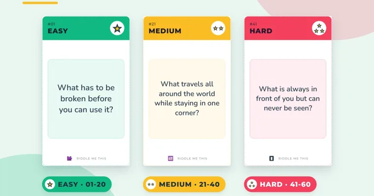 Three riddle cards in a row, a green Easy card, a yellow Medium card and a red Hard card, above labels for cards 01-20, 21-40 and 41-60