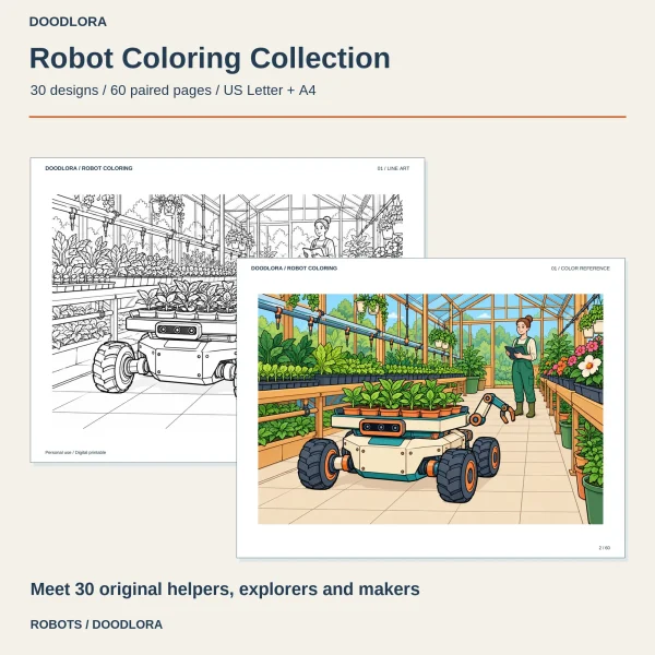 Design 01 as a line drawing and its color page, a big-wheeled cart carrying potted seedlings down a greenhouse aisle past a gardener