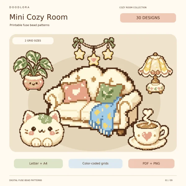 A cream pixel sofa with pink and green cushions and a blue throw, surrounded by a cat pillow, coffee cup, table lamp, potted plant and star garland