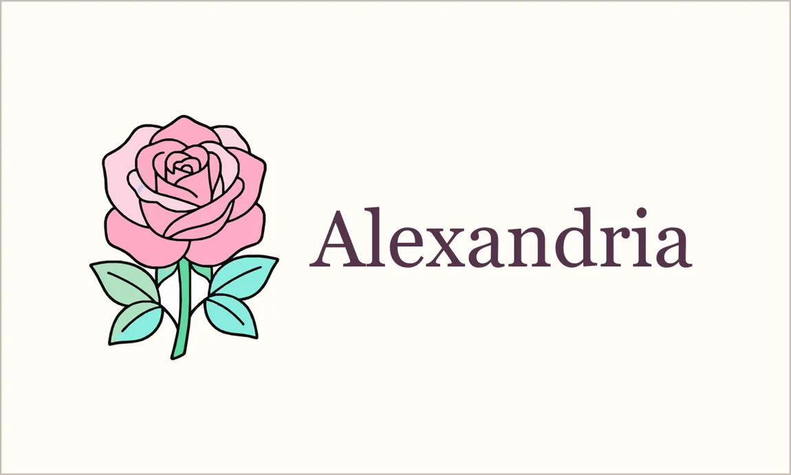 Cream 5 by 3 inch place card with the pink rose on the left and the name Alexandria in dark plum serif type on the right
