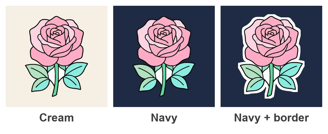 The same rose on cream, on navy, and on navy with a white border; on plain navy the black outer outline blends into the background and white patches show beside the stem