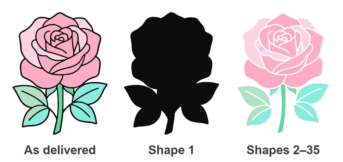 The rose SVG shown three ways: as delivered, as one solid black rose silhouette, and as pastel pink and green color shapes with white gaps where the black lines were