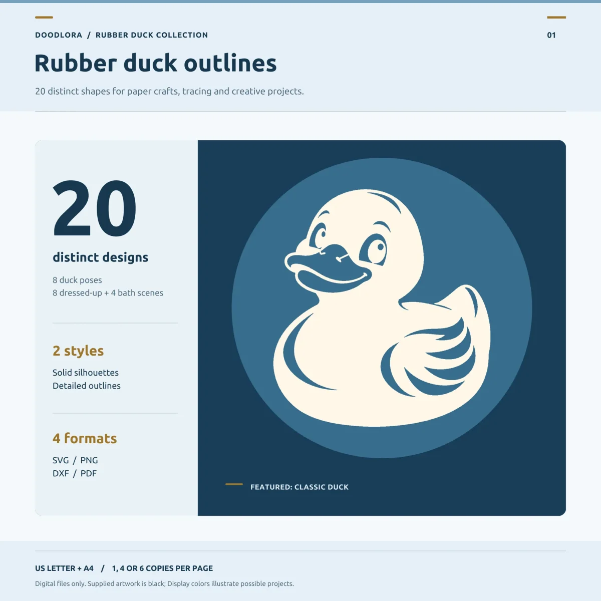 A cream rubber duck silhouette with a smiling bill and feathered wing on a blue circle, next to the words 20 distinct designs, 2 styles and 4 formats