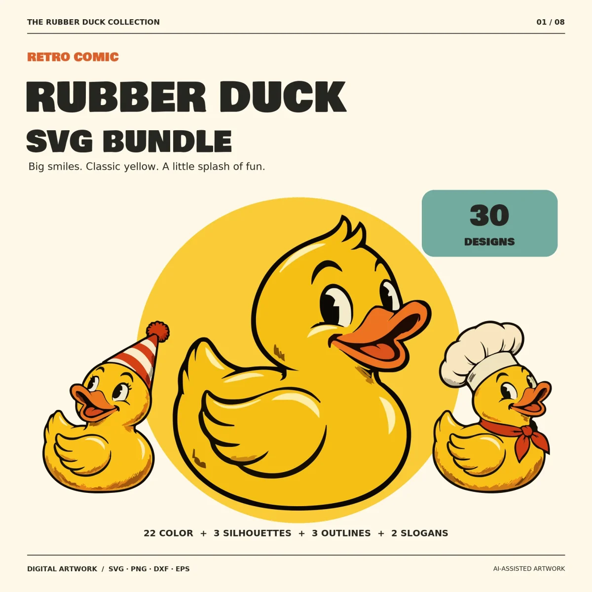 Large yellow rubber duck with an open-beak grin between a duck in a striped party hat and a duck in a chef hat and red neckerchief