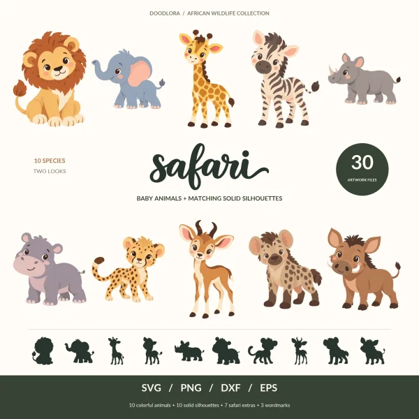Ten cartoon baby safari animals around a script safari wordmark, with a row of ten dark silhouettes of the same animals below