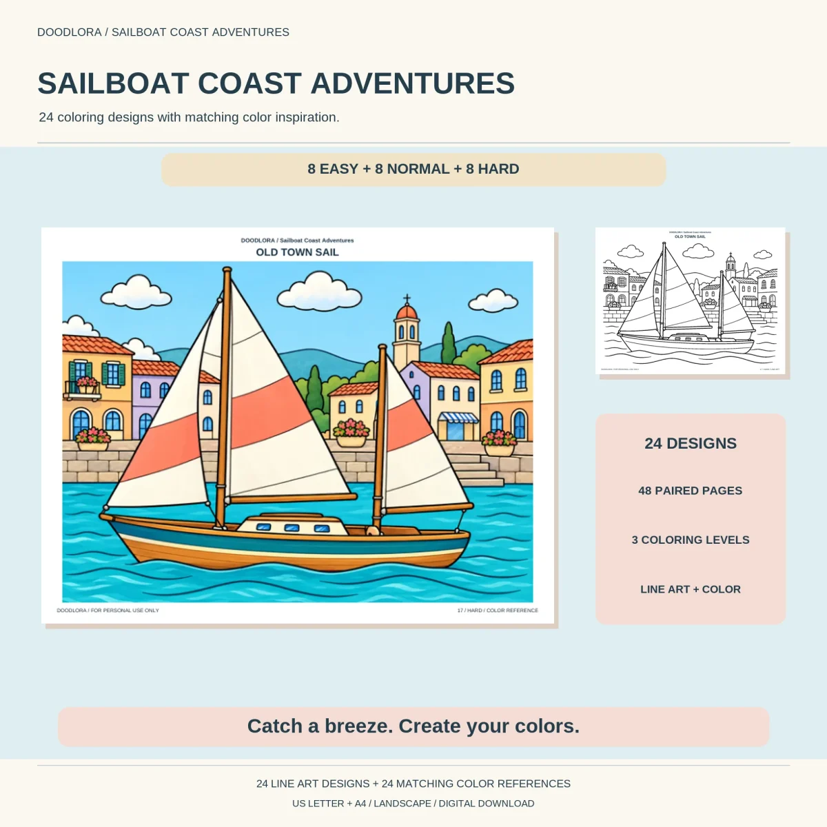 Sailboat Coast Adventures cover with a two-mast boat with coral and cream sails in front of a colorful harbor town