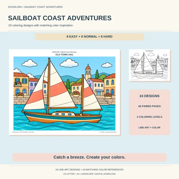 Sailboat Coast Adventures cover with a two-mast boat with coral and cream sails in front of a colorful harbor town