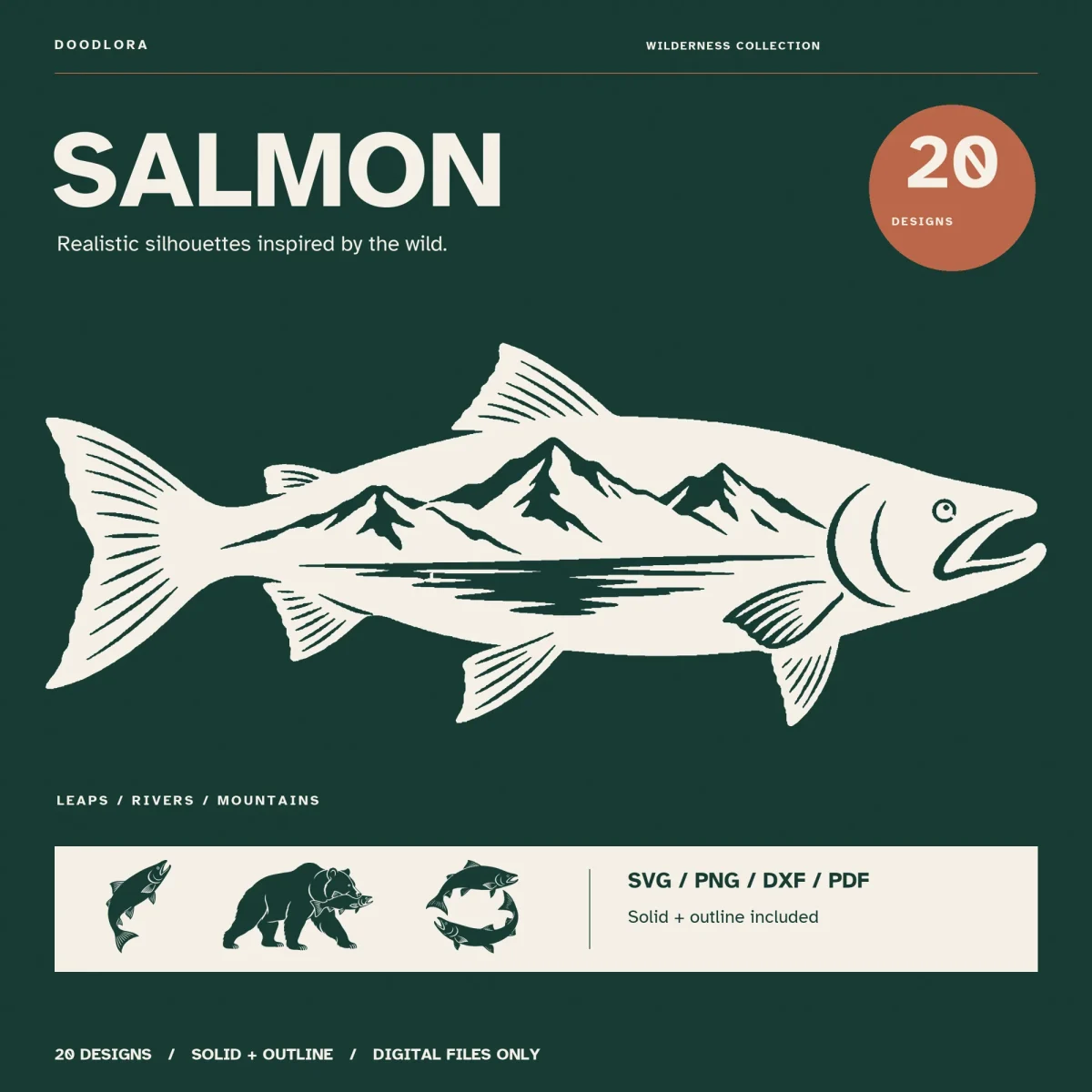 A cream salmon with snowy mountains and a lake carved into its body on dark green, under the title Salmon, 20 designs, with a leaping salmon, a bear carrying a fish and a circling pair below
