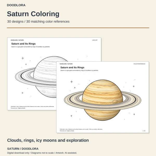 Saturn and Its Rings page, the ringed planet among small stars, as line art and as a butterscotch and cream color reference