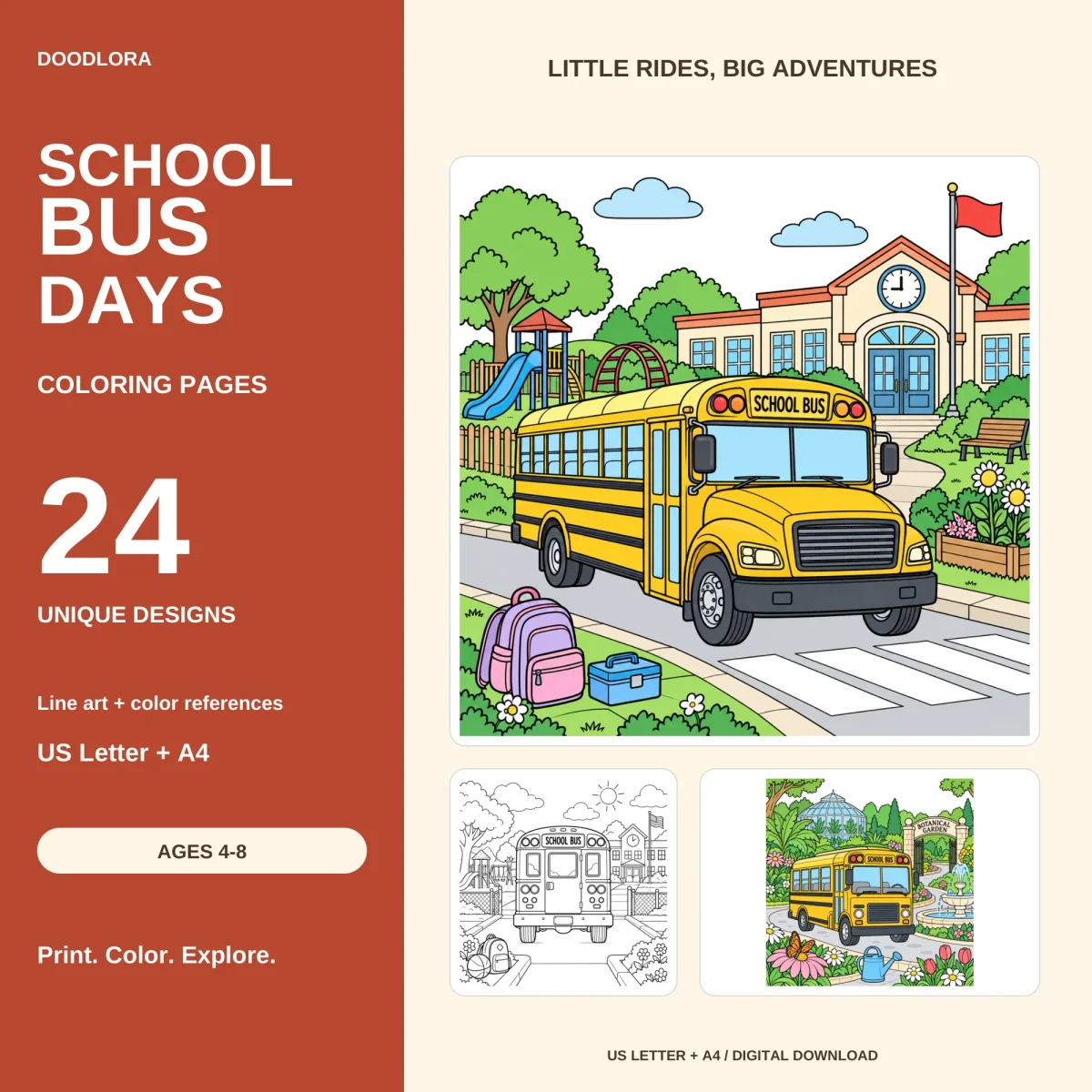 School Bus Days cover with a yellow school bus at a crosswalk outside a school with a clock tower, backpacks on the grass, and an Ages 4-8 label