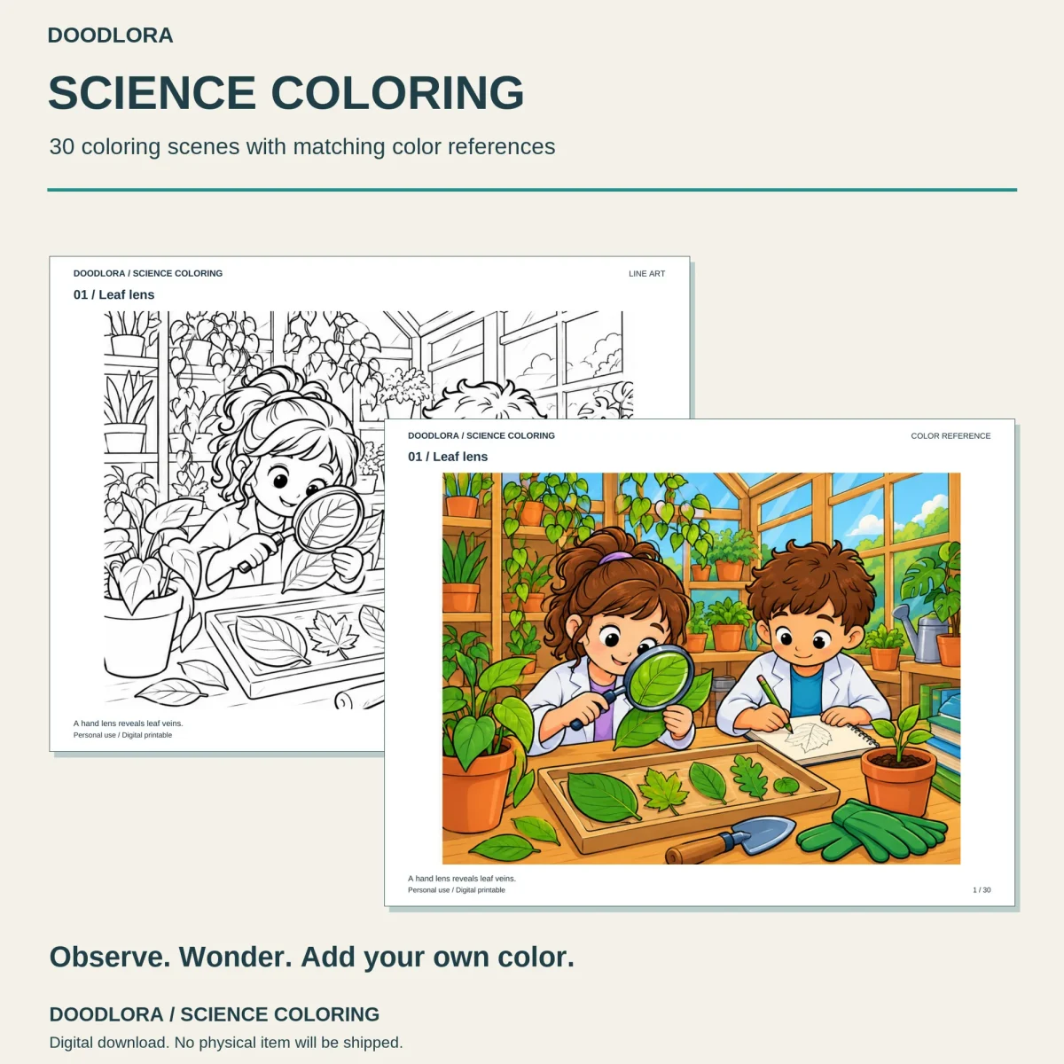 Leaf Lens page, a girl holding a magnifying glass over a leaf while a boy sketches, in outline and in bright greenhouse colors