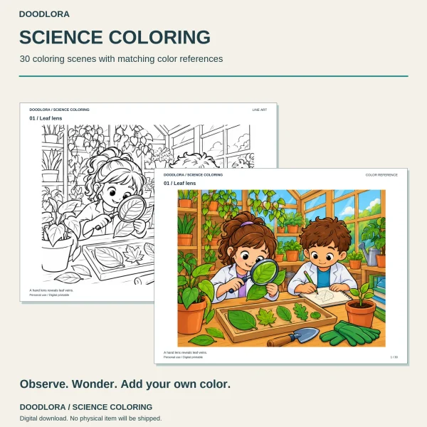 Leaf Lens page, a girl holding a magnifying glass over a leaf while a boy sketches, in outline and in bright greenhouse colors