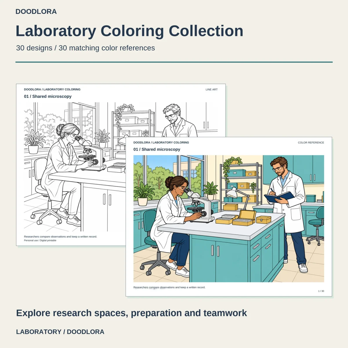 Shared microscopy scene, a researcher at a microscope and a colleague writing in a notebook, in outline and in teal and white