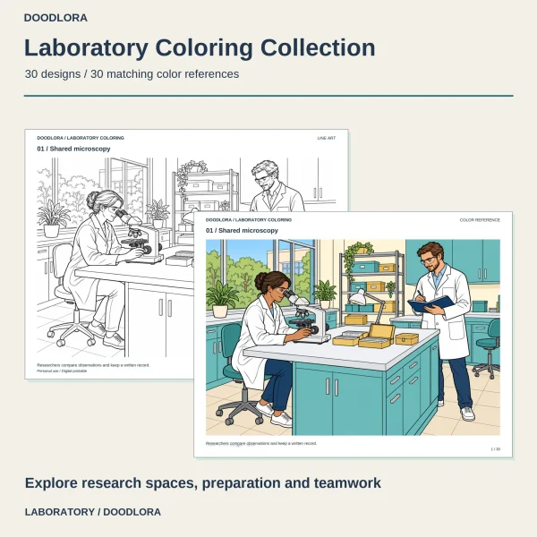 Shared microscopy scene, a researcher at a microscope and a colleague writing in a notebook, in outline and in teal and white